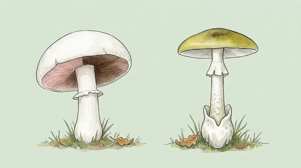 Meadow mushroom with pink gills next to a death cap with white gills and a sac at the base