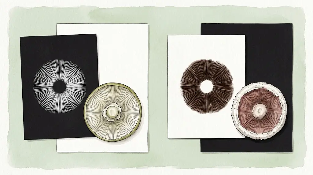 White death cap spore print next to a brown field mushroom spore print