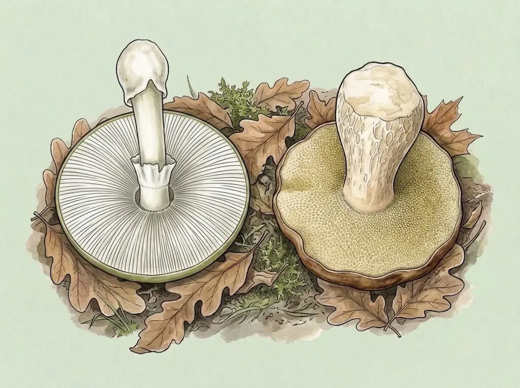 Underside of a death cap with white gills next to a king bolete with pores