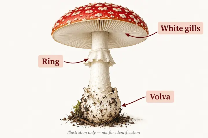 Diagram labelling the white gills, ring and volva of a deadly Amanita