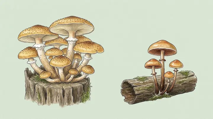 Cluster of honey mushrooms on a stump next to small brown deadly Galerina mushrooms on rotting wood