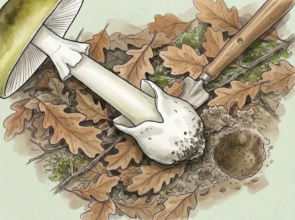 Close-up of a dug-up death cap with a white sac (volva) at the base of the stem, next to a hole and a trowel