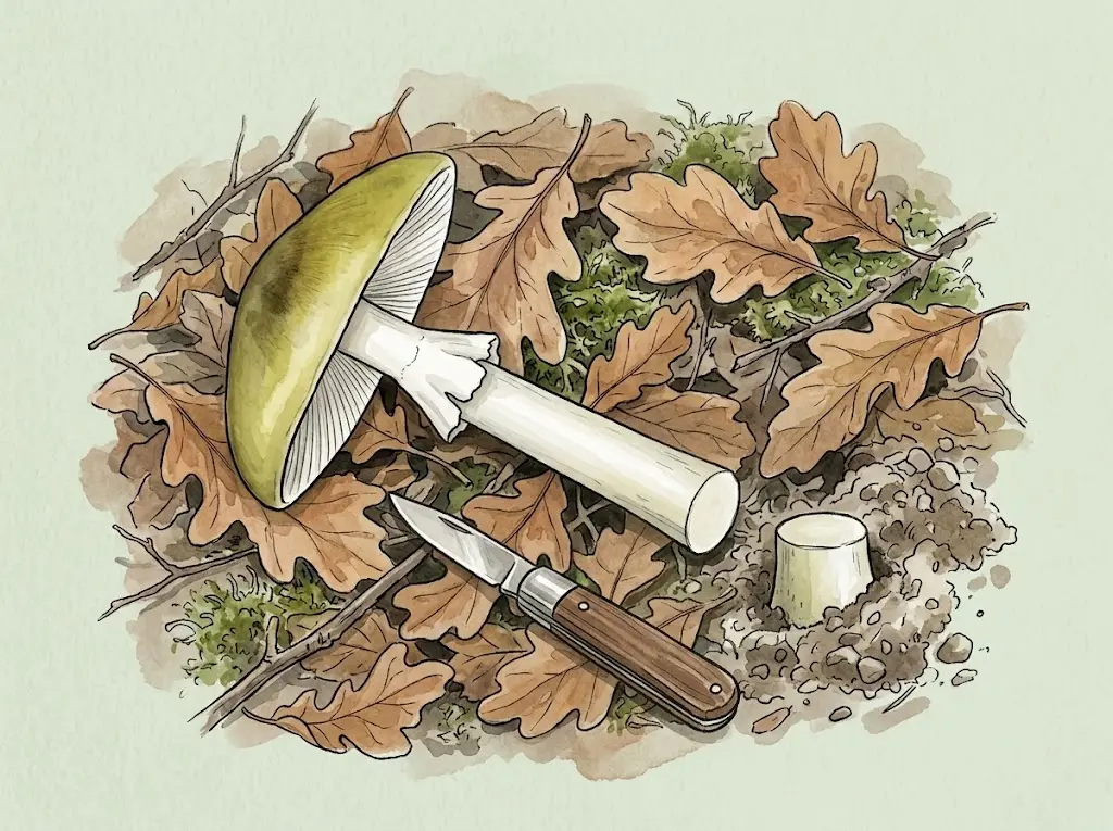 Death cap with the stem cut at ground level and no sac visible