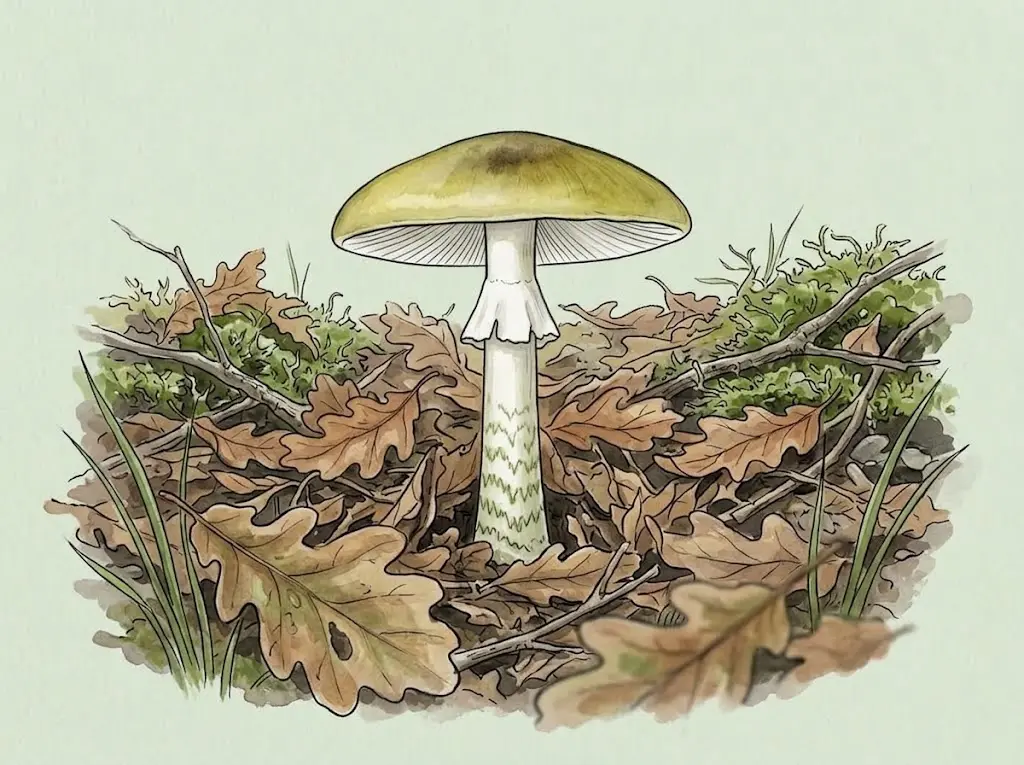 Side view of a death cap with a ring below the cap and its base hidden in leaves