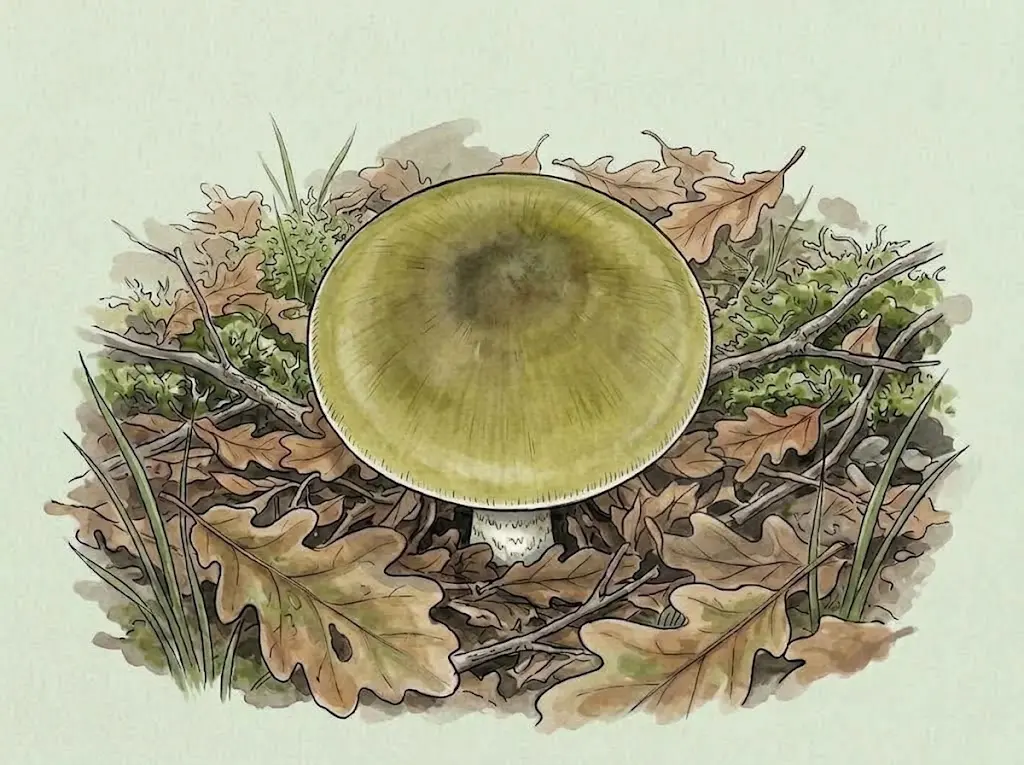 Top view of a greenish death cap growing among oak leaves