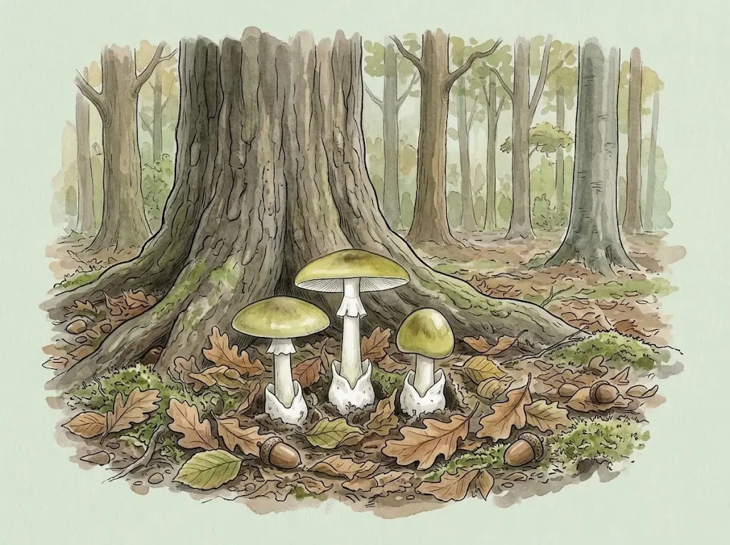 Death caps growing in leaf litter under oak trees