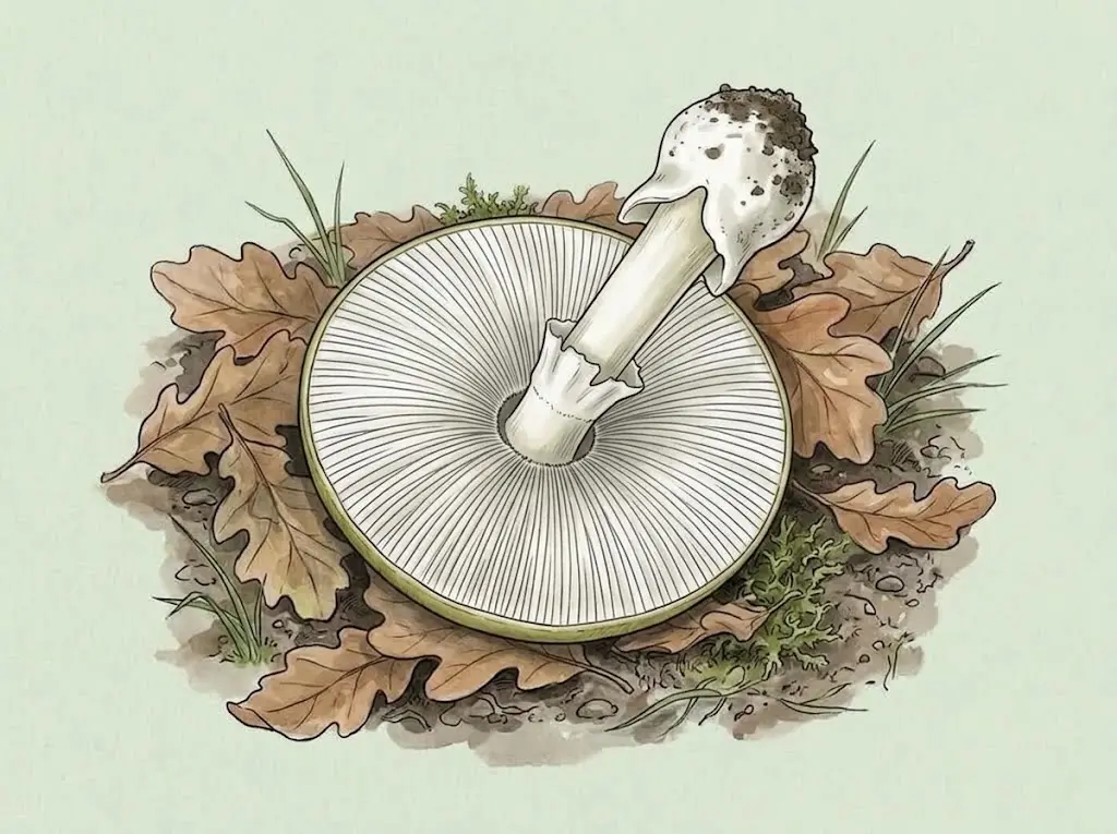 Upturned death cap lying on leaves, with white gills facing up, a ring and a sac at the base of the stem