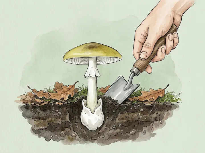 Hand digging out a death cap with a trowel, showing the white sac at the base hidden in the soil