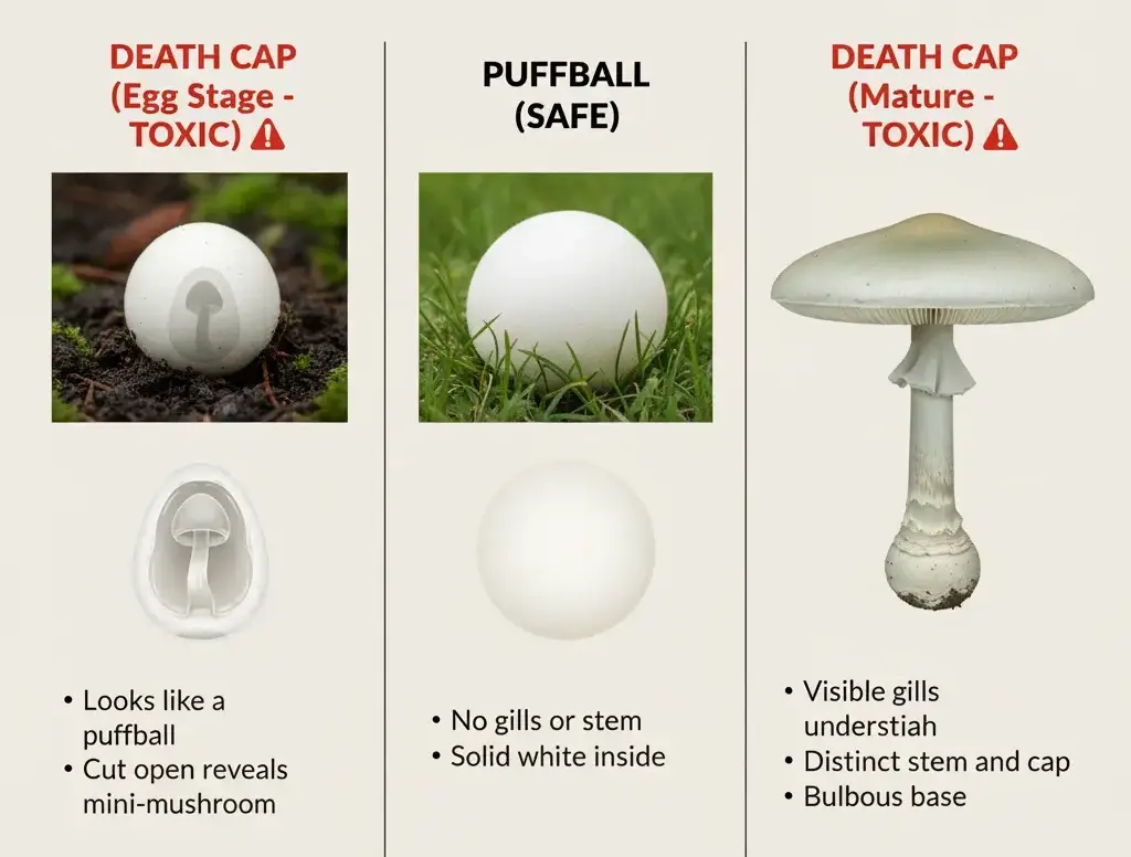 An infographic comparing the cross-section of a Death Cap 'egg' and an edible Puffball