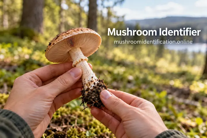 Hands holding a wild mushroom with visible gills in daylight