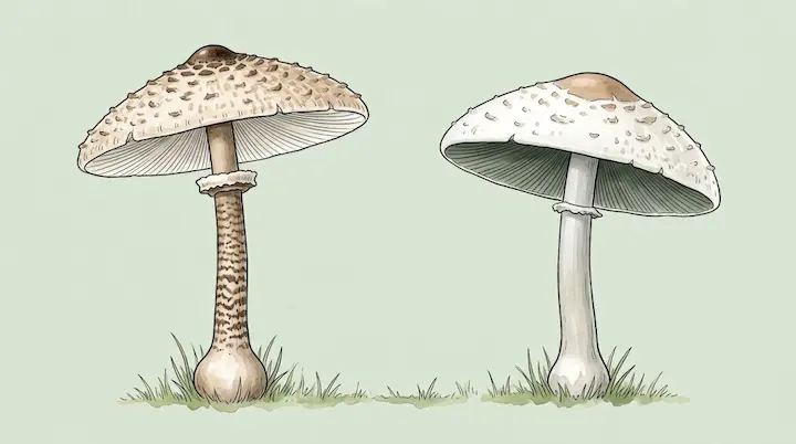Parasol mushroom with a snakeskin stem next to a green-spored parasol with gray-green gills on a lawn