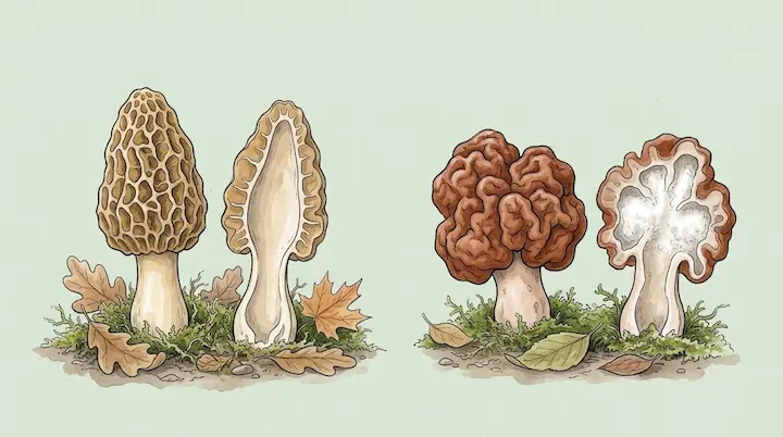 Morel cut lengthwise with a hollow inside next to a false morel cut lengthwise with chambered flesh