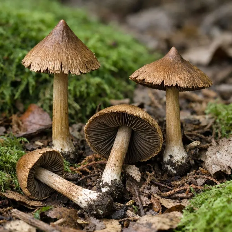 Kegelhütiger Risspilz (Inocybe rimosa) - Hut spitzkegelig bis glockig, mit deutlichem Buckel, Hutoberfläche radial aufreißend (fibrillös) und trocken, Lamellen dicht stehend, adnexiert, braun bis olivbraun, Stiel faserig, ohne Ring, Basis oft weißlich beflockt, Wächst auf Erde und Streu in Wäldern