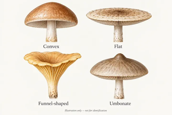 Four mushroom cap shapes: convex, flat, funnel-shaped and umbonate