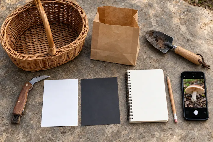 Foraging kit laid out: basket, knife, trowel, notebook, white and dark paper