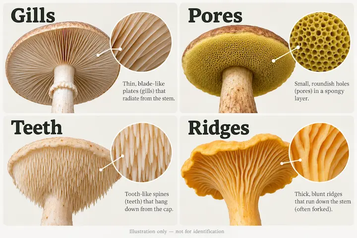 Mushroom underside types: gills, pores, teeth and ridges