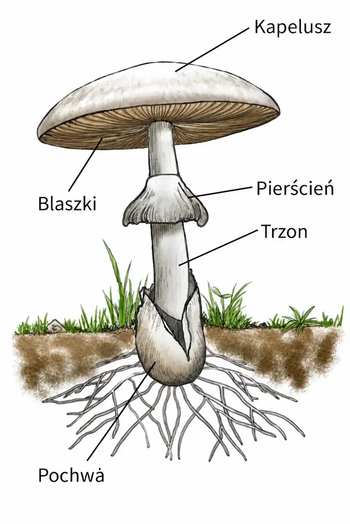Diagram przedstawiający części grzyba: Kapelusz, Blaszki, Pierścień, Trzon, Pochwa