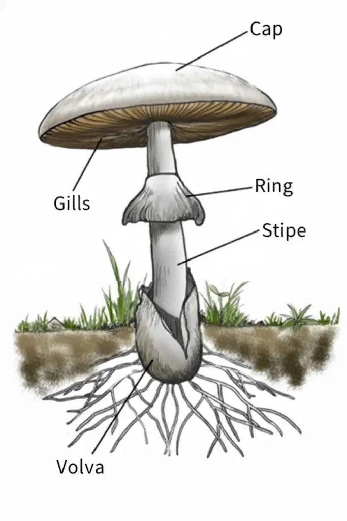 A diagram showing the parts of a mushroom: Cap, Gills, Stem, Volva