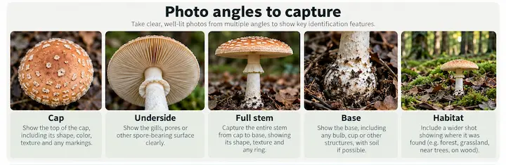 Five camera angles needed for mushroom identification: cap, gills, stem, base, habitat
