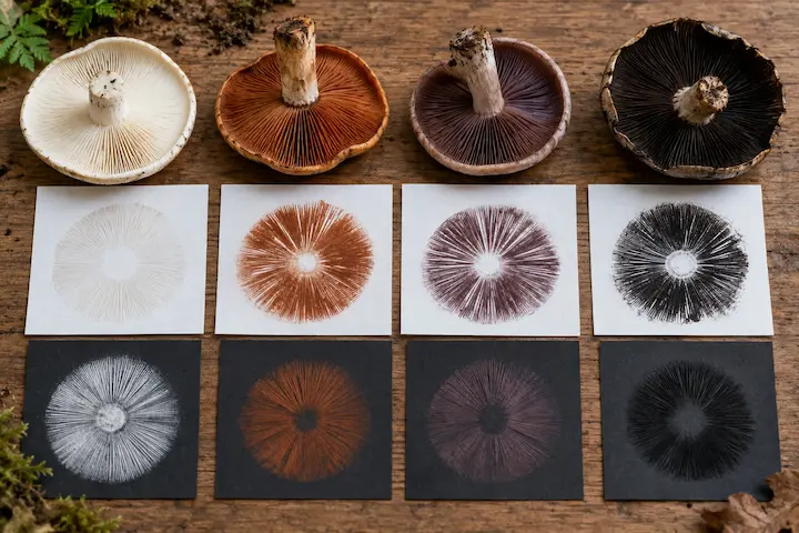 Spore prints on white and dark paper in four colours