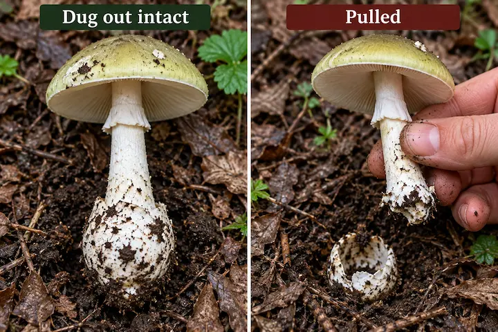 Left: whole mushroom dug out with volva intact. Right: pulled up, volva left in soil
