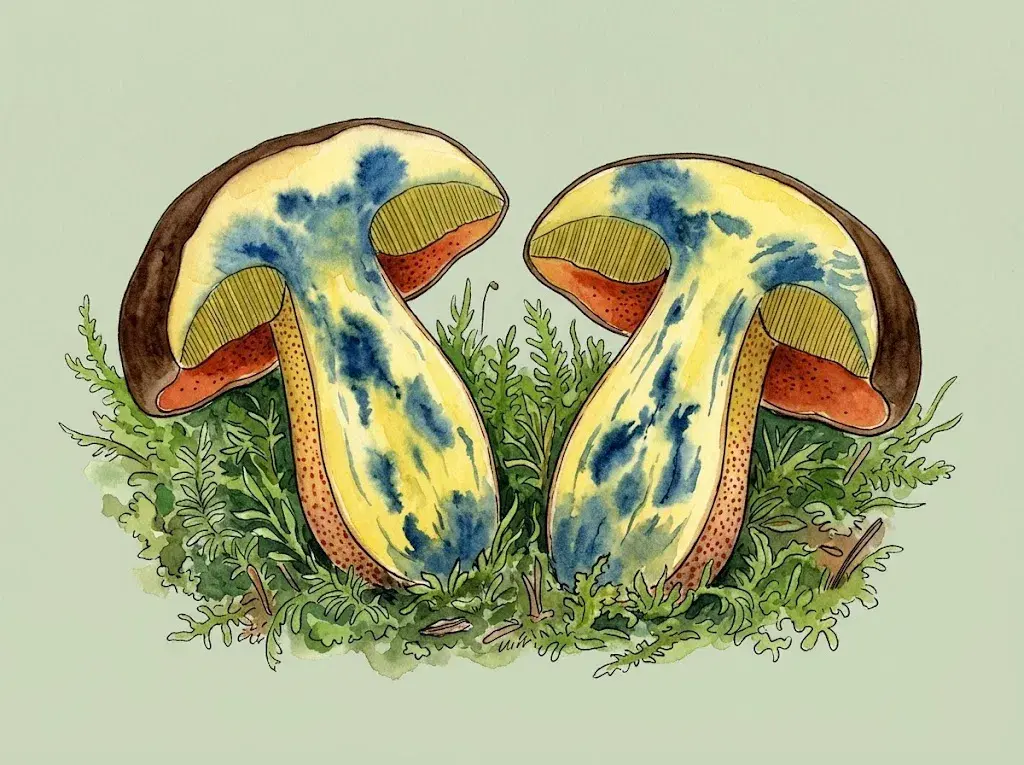 Bolete cut in half with yellow flesh turning blue