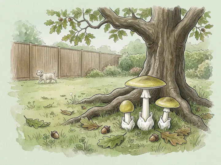 Death caps growing on a backyard lawn under an oak tree, with a dog by the fence